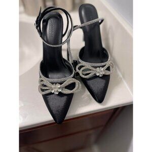 Women Rhinestone Stiletto Glitter Bow 4" Bridal Wedding Heeled Sandals-Black